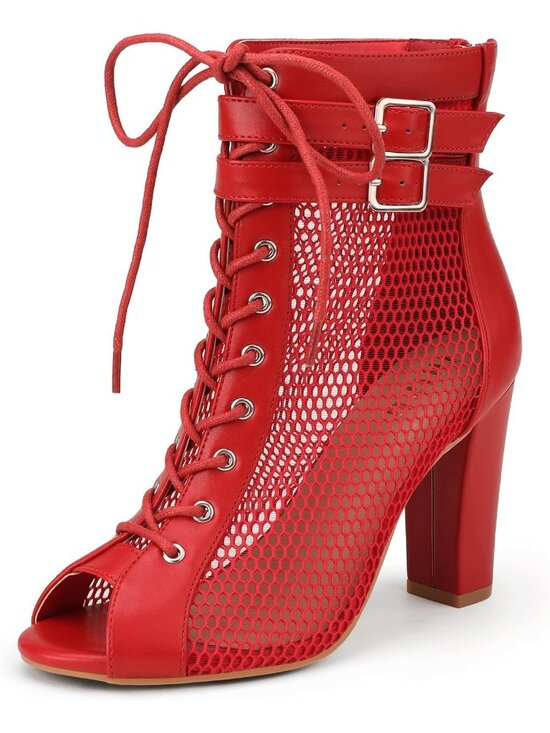 Shoes - Women's Red Pu Mesh High Heels Block Chunky Heels Open Toe Lace Up Booties